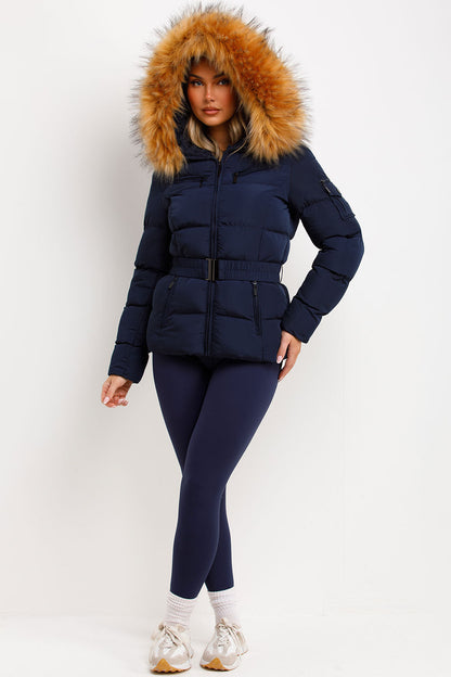 Navy Faux Fur Hooded Jacket With Belt