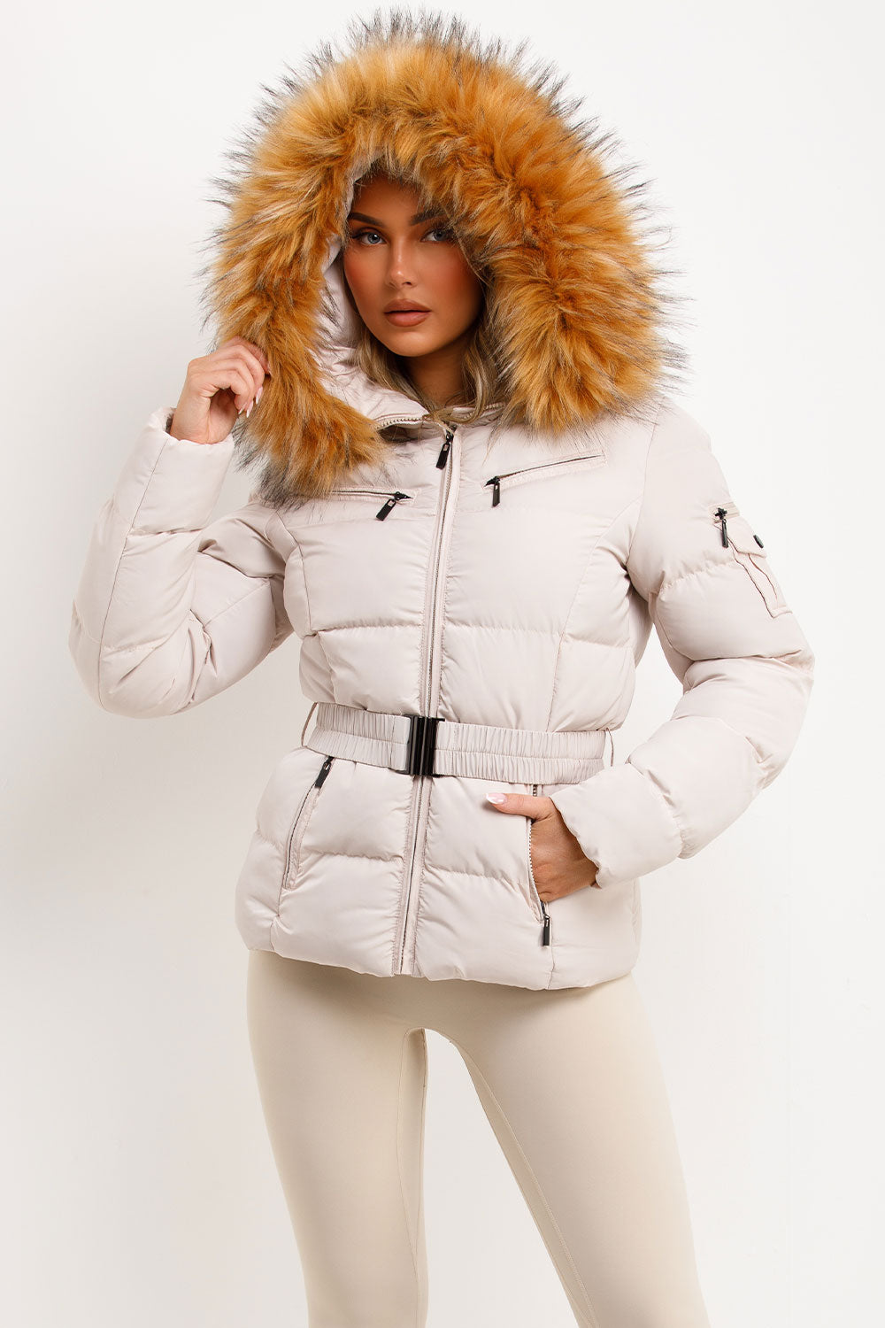 Faux Fur Hood Puffer Jacket With Belt Beige