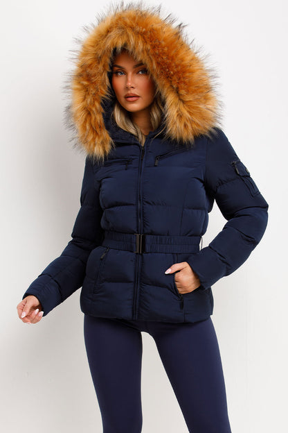 Navy Faux Fur Hooded Jacket With Belt