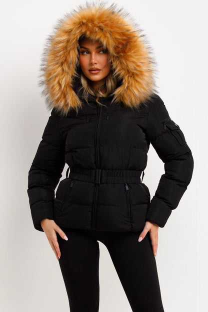Faux Fur Hood Puffer Jacket With Belt Black