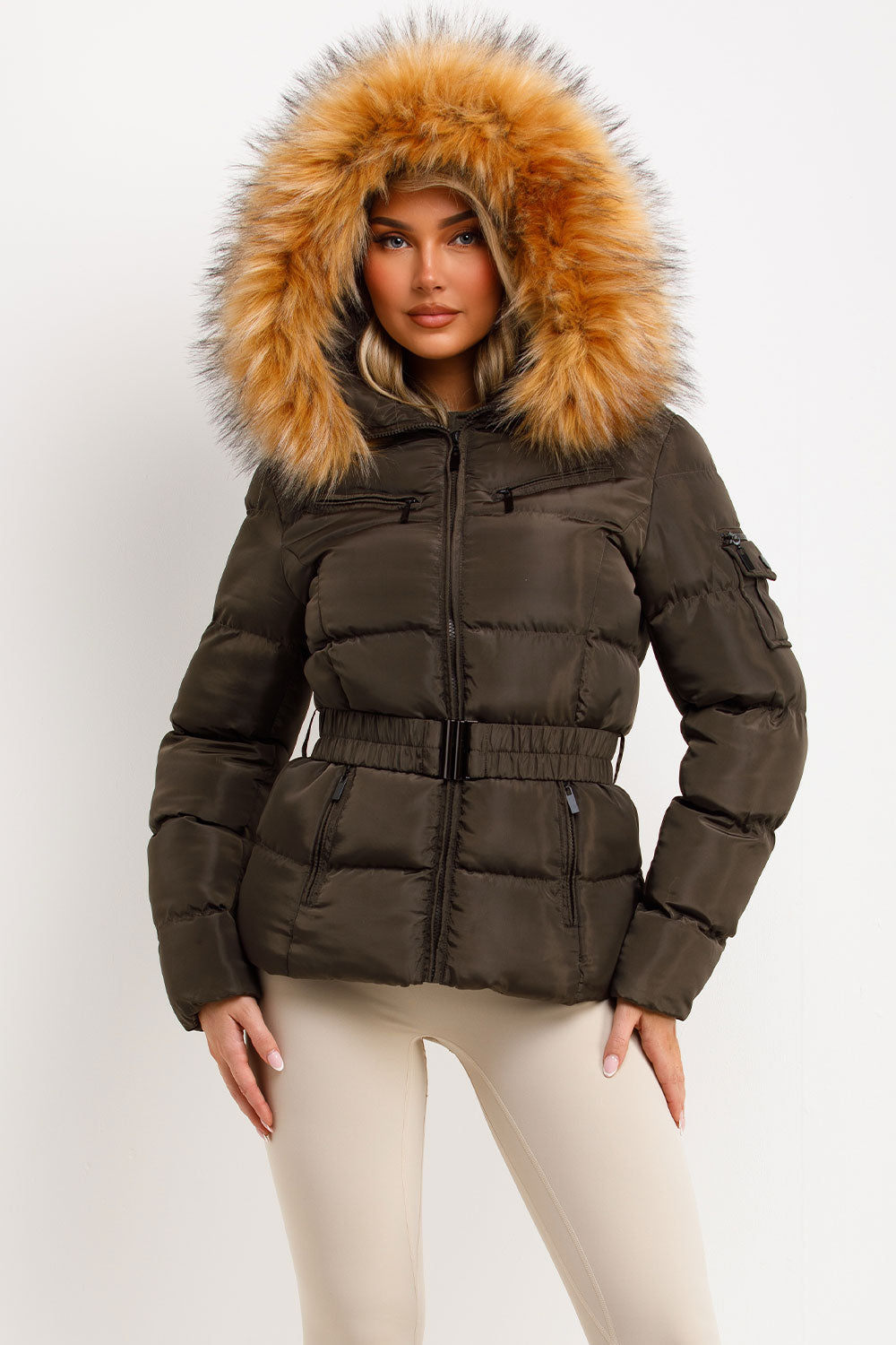 Faux Fur Hood Puffer Jacket With Belt Khaki