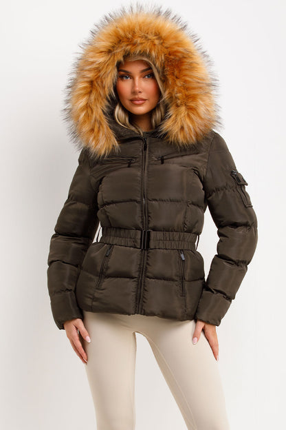 Faux Fur Hood Puffer Jacket With Belt Khaki