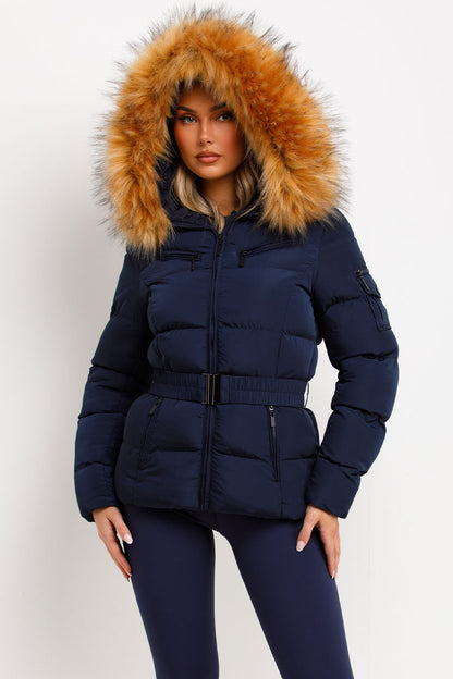 Navy Faux Fur Hooded Jacket With Belt
