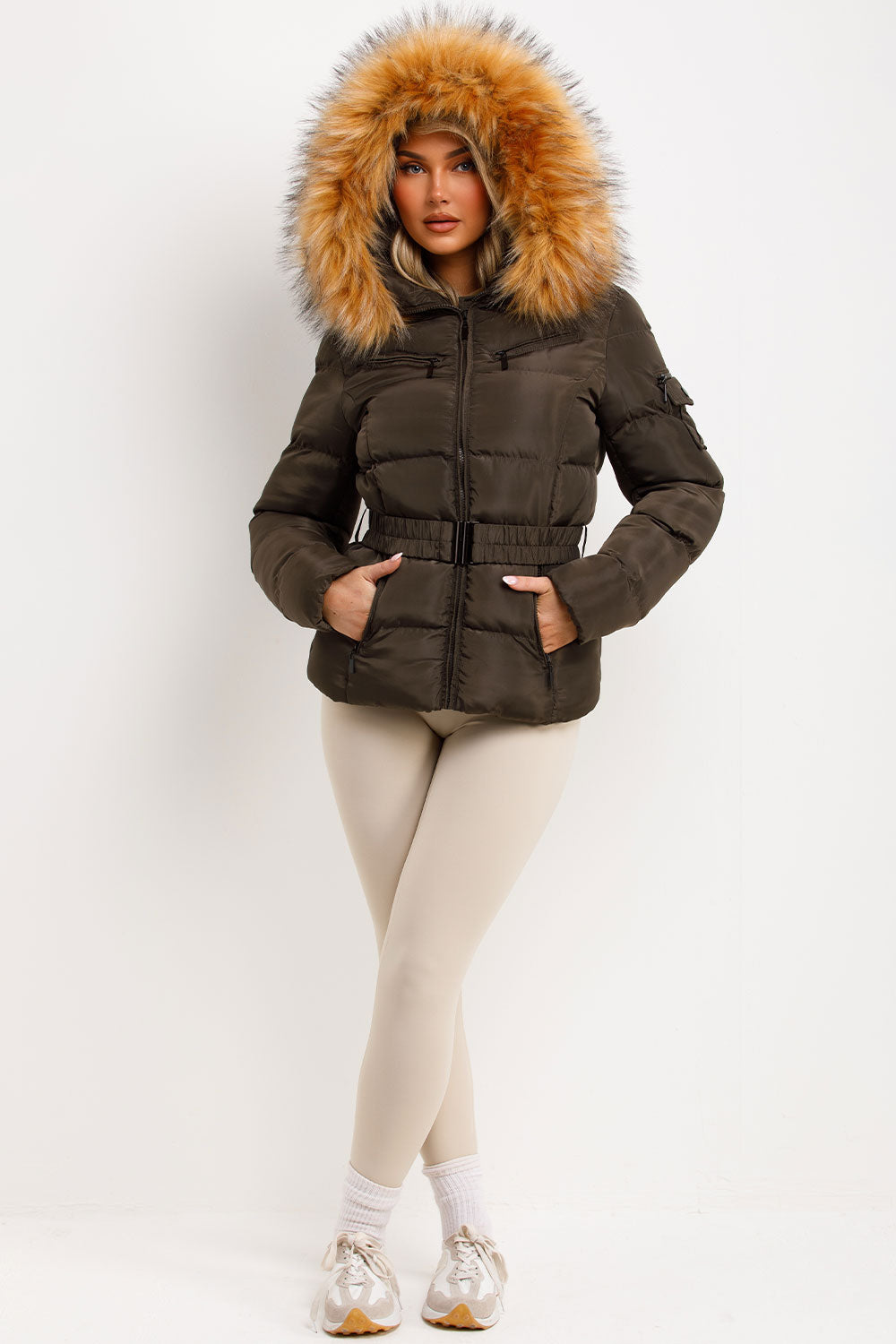 Faux Fur Hood Puffer Jacket With Belt Khaki