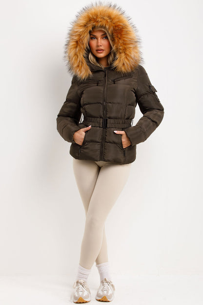 Faux Fur Hood Puffer Jacket With Belt Khaki