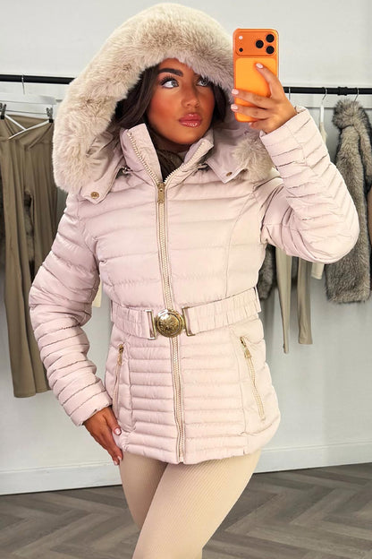 Puffer Jacket With Faux Fur Hood And Gold Belt Beige