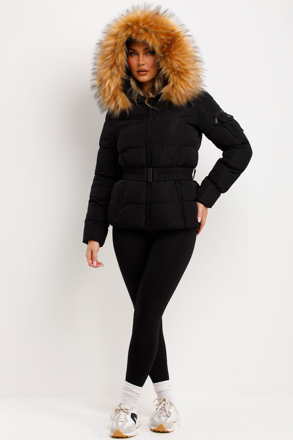 Faux Fur Hood Puffer Jacket With Belt Black