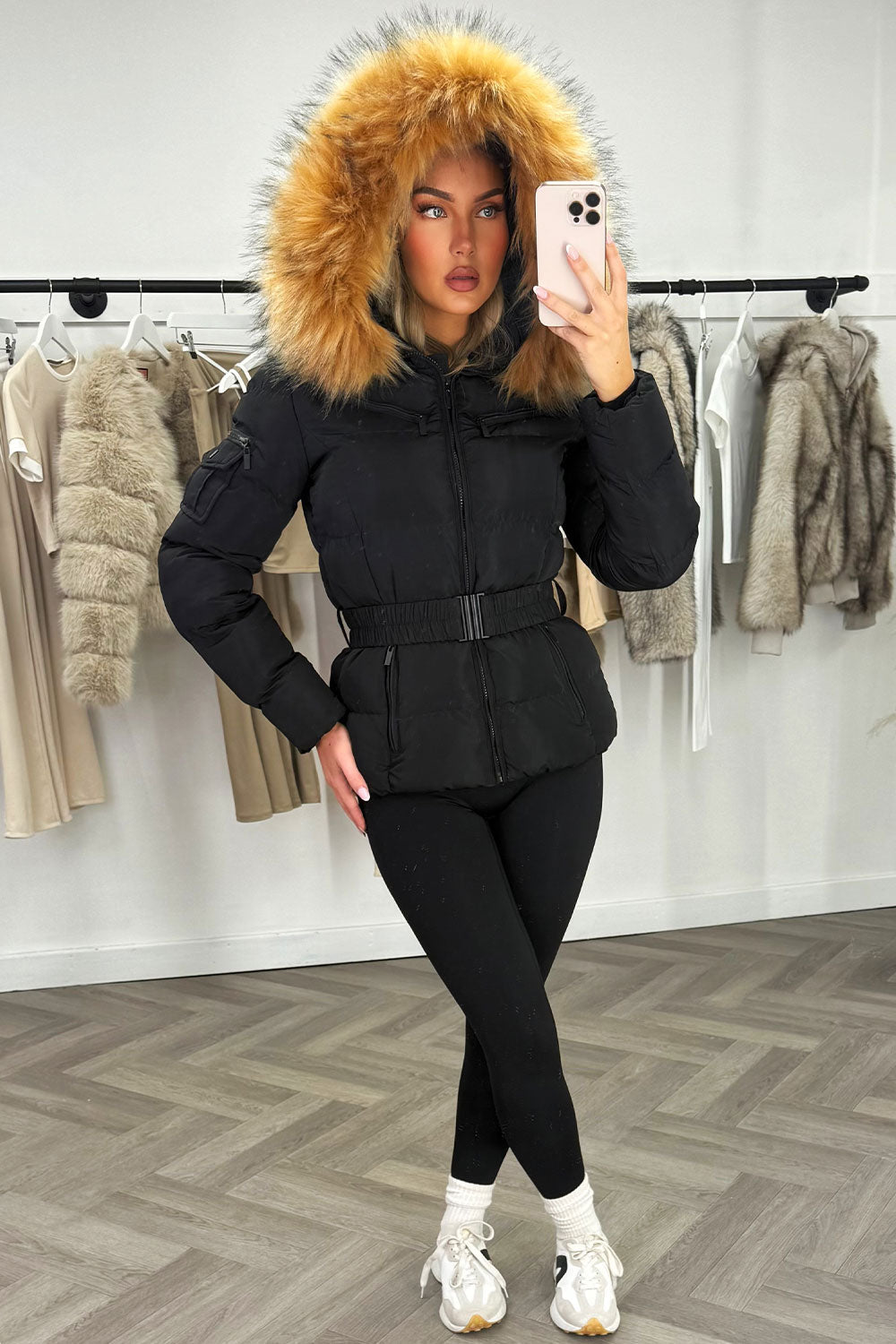 Faux Fur Hood Puffer Jacket With Belt Black