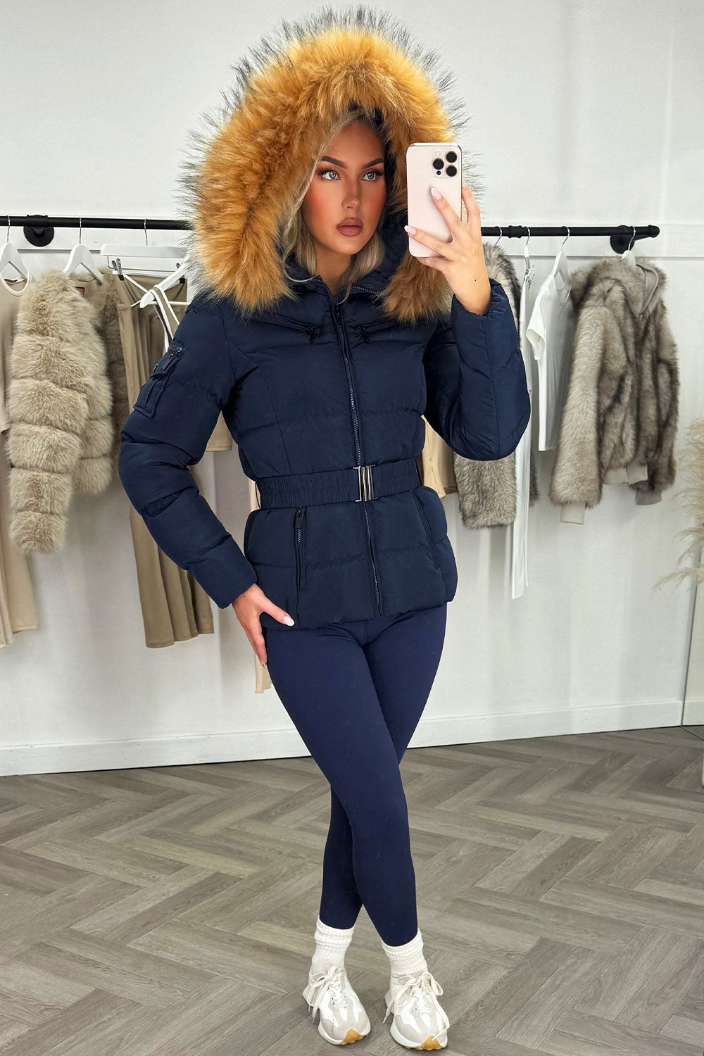 Navy Faux Fur Hooded Jacket With Belt