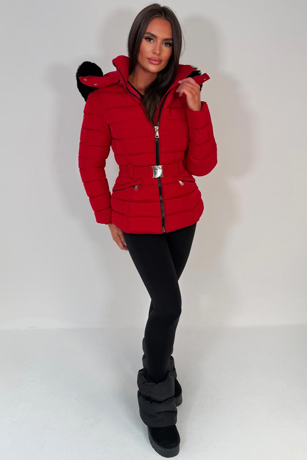 Puffer Padded Winter Jacket With Faux Fur Hood Red