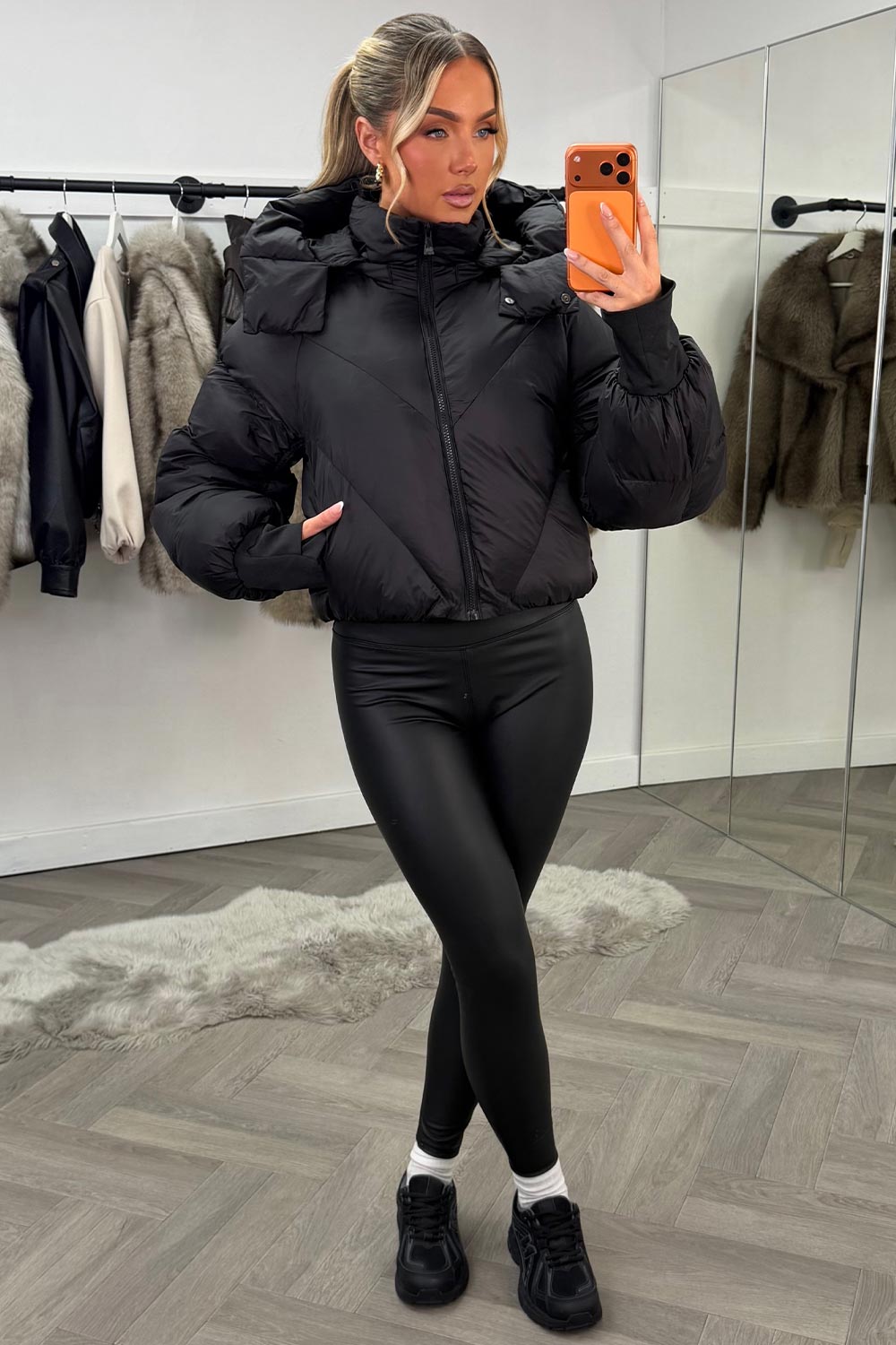 Black Puffer Padded Jacket With Hood