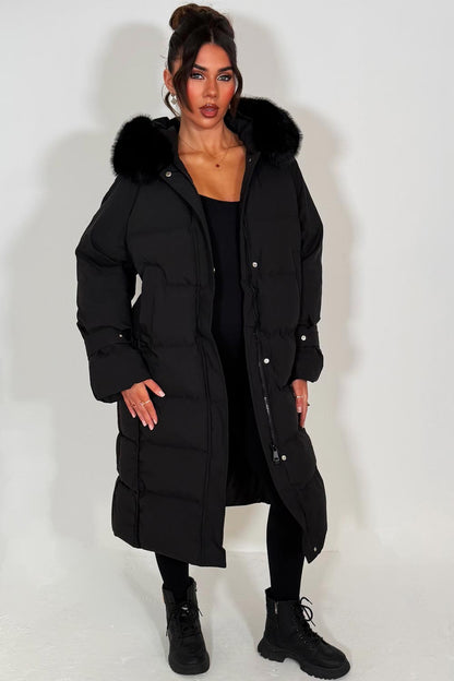 Long Puffer Down Coat With Faux Fur Hood Black
