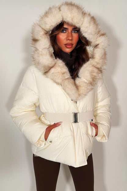 White Faux Fur Hood Puffer Jacket With Belt