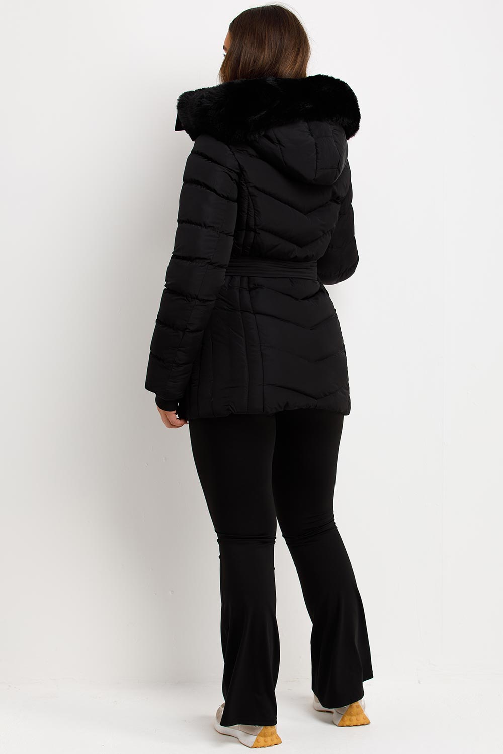 Black Puffer Coat With Faux Fur Hood And Belt
