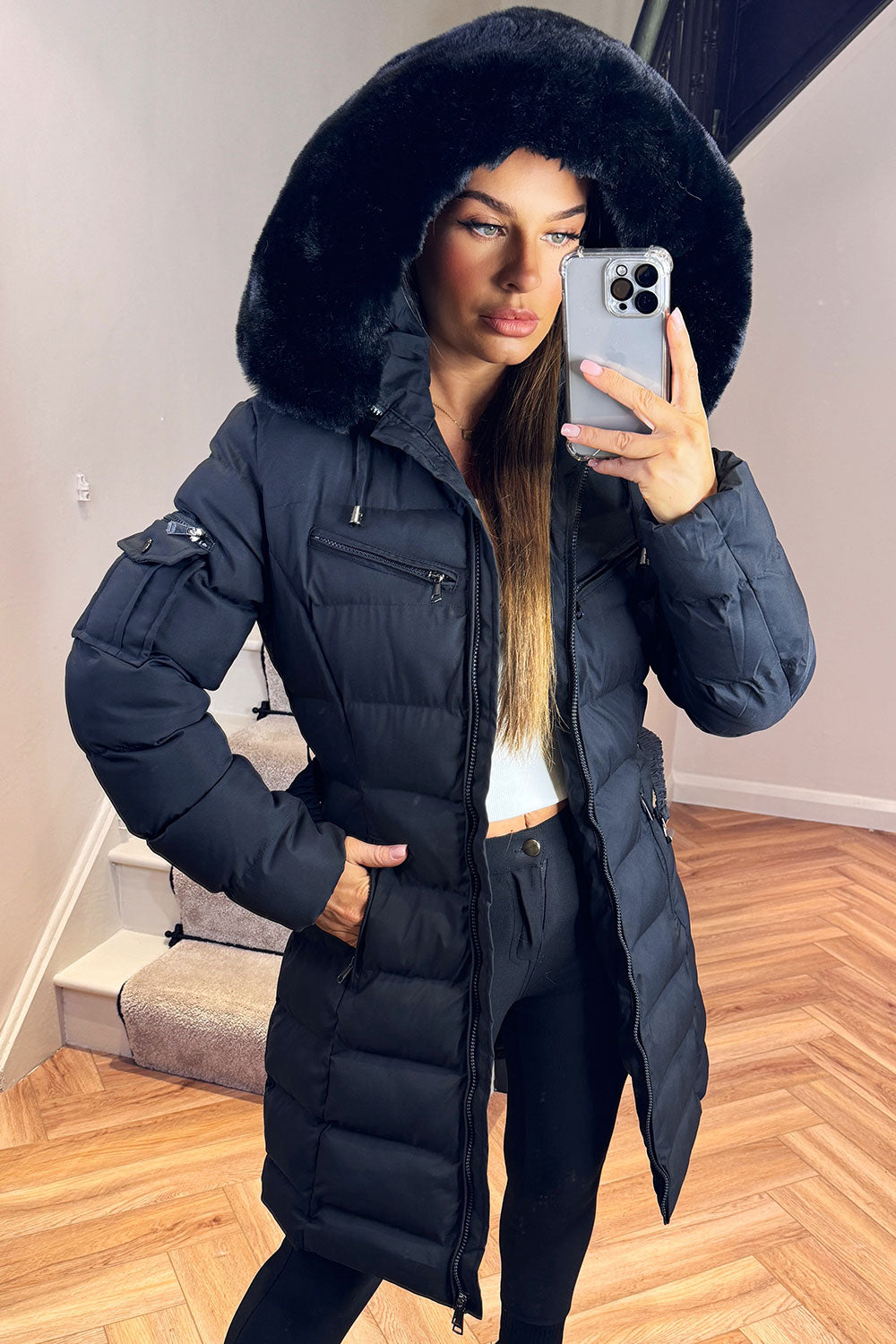 Long Puffer Coat With Fur Hood And Belt Black