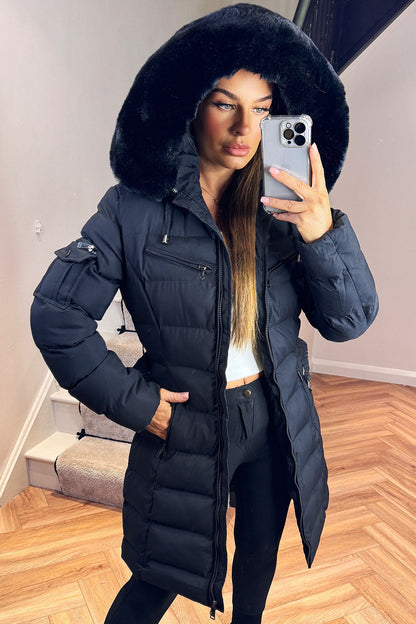 Long Puffer Coat With Fur Hood And Belt Black