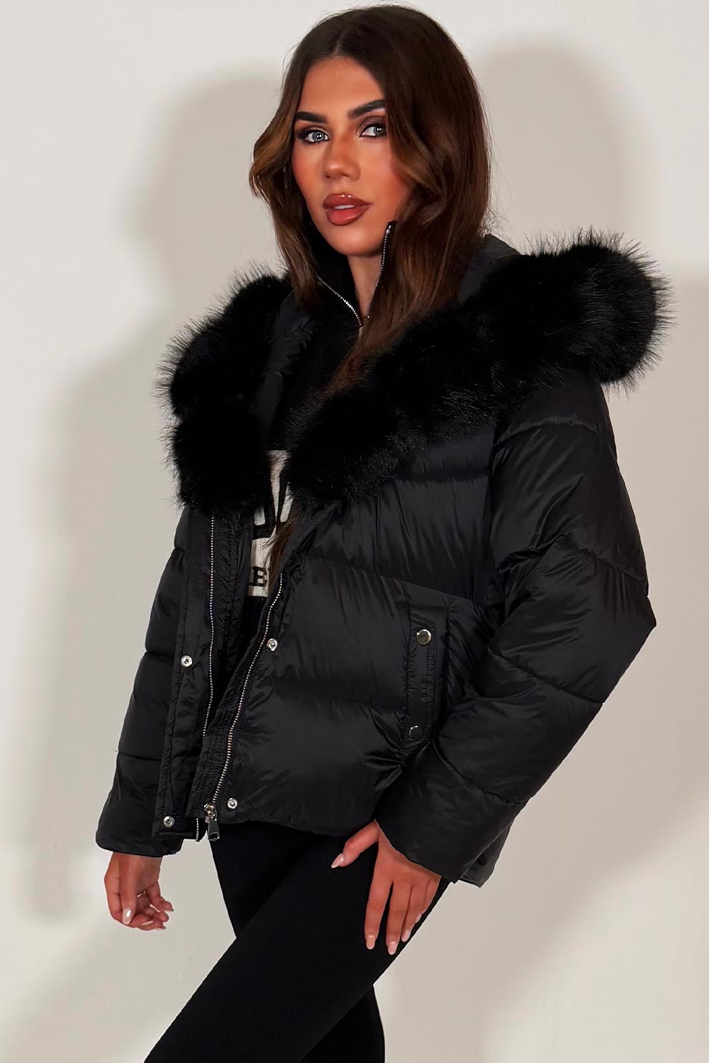 Black Faux Fur Hood Puffer Jacket With Belt