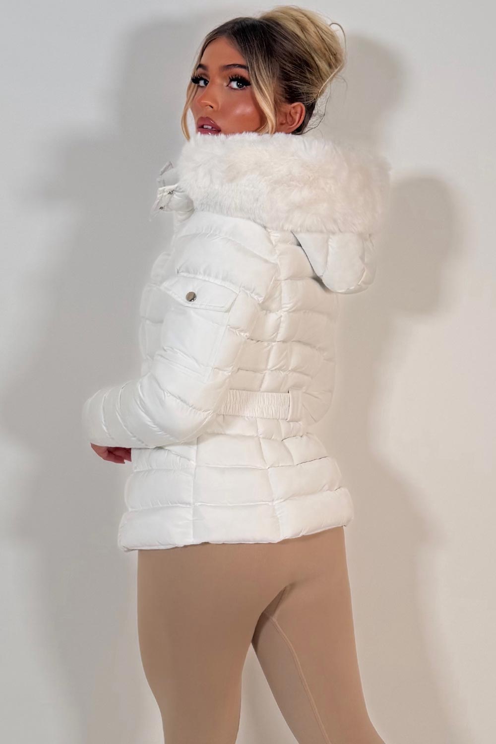 Puffer Padded Winter Jacket With Faux Fur Hood White