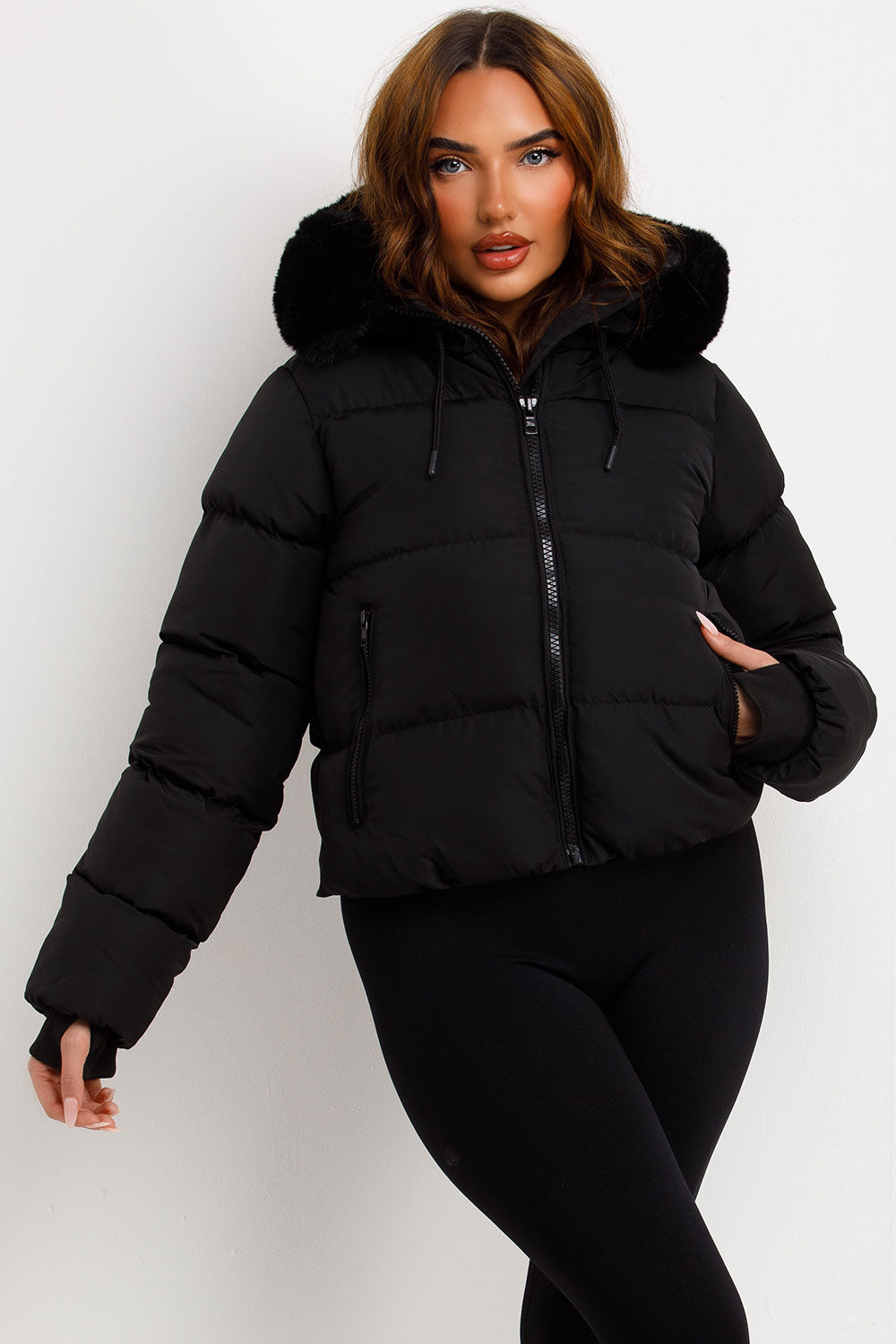 Black Puffer Jacket With Fur Hood
