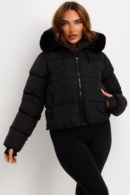 Black Puffer Jacket With Fur Hood