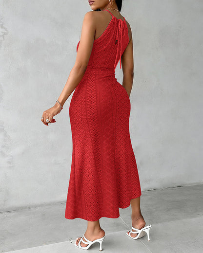 Halter Tie Criss Cross Front Knit Jacquard Textured Slit Dress Casual Hollow-out Draped Vacation Dress