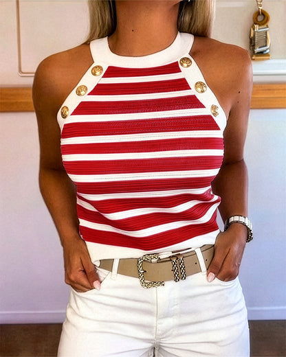 Striped Halter Sleeveless Tank Causal Golden Button Decor Breathable Knit Top
