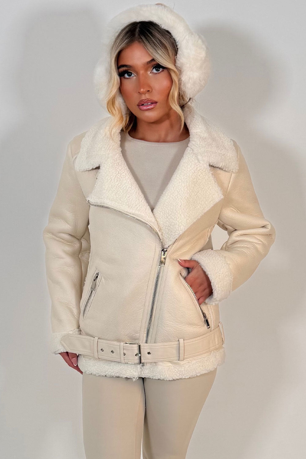 Aviator Jacket With Shearling Detail Beige