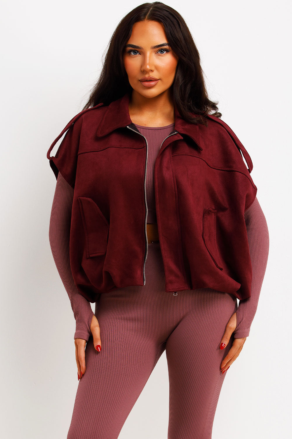 Faux Suede Crop Gilet With Tabs Burgundy