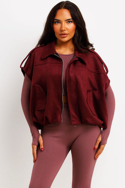 Faux Suede Crop Gilet With Tabs Burgundy