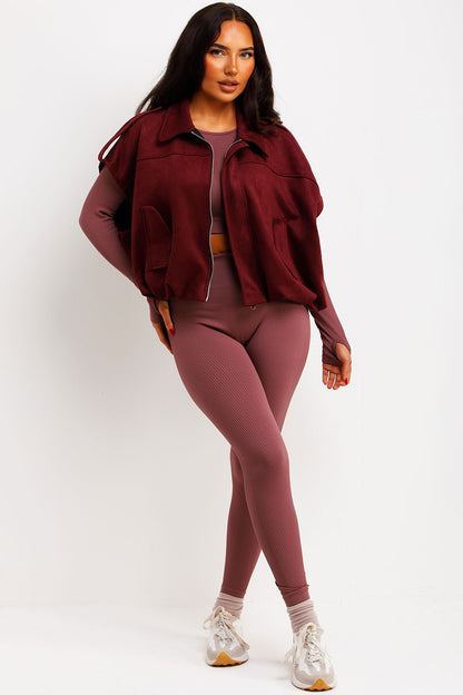 Faux Suede Crop Gilet With Tabs Burgundy