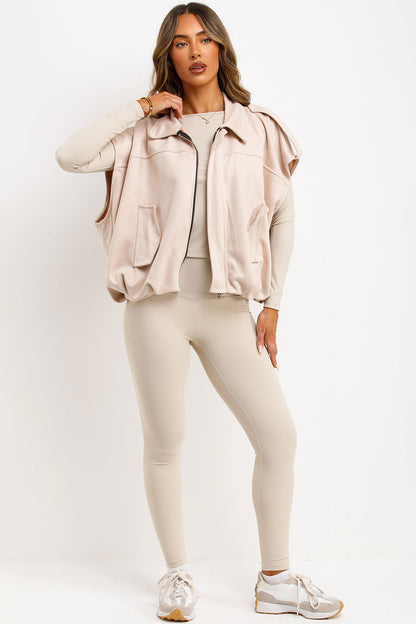 Faux Suede Crop Gilet With Tabs Beige