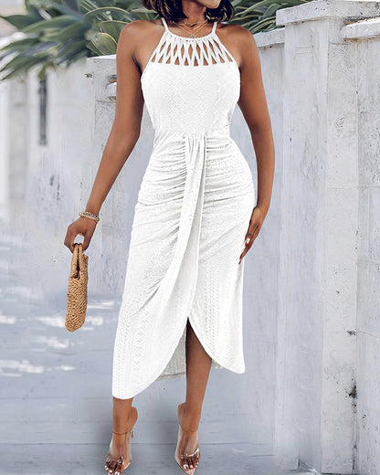 Halter Tie Criss Cross Front Knit Jacquard Textured Slit Dress Casual Hollow-out Draped Vacation Dress