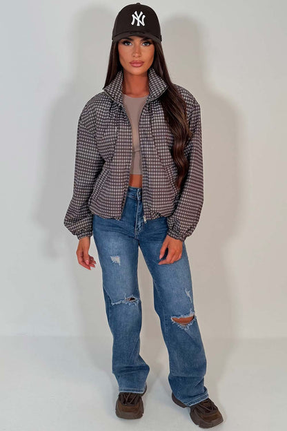 Check Jacket With Funnel Neck