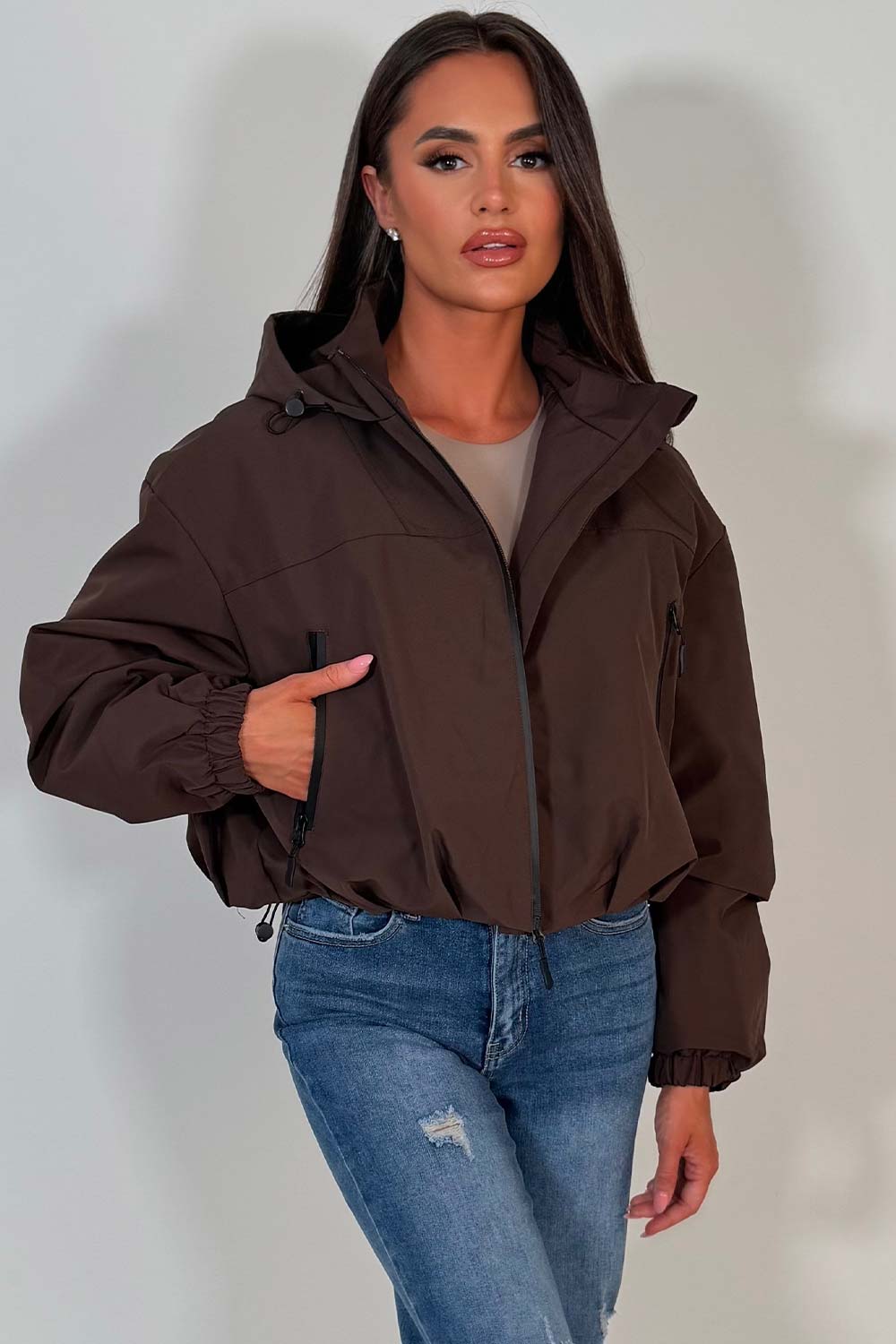 Brown Crop Padded Jacket With Hood