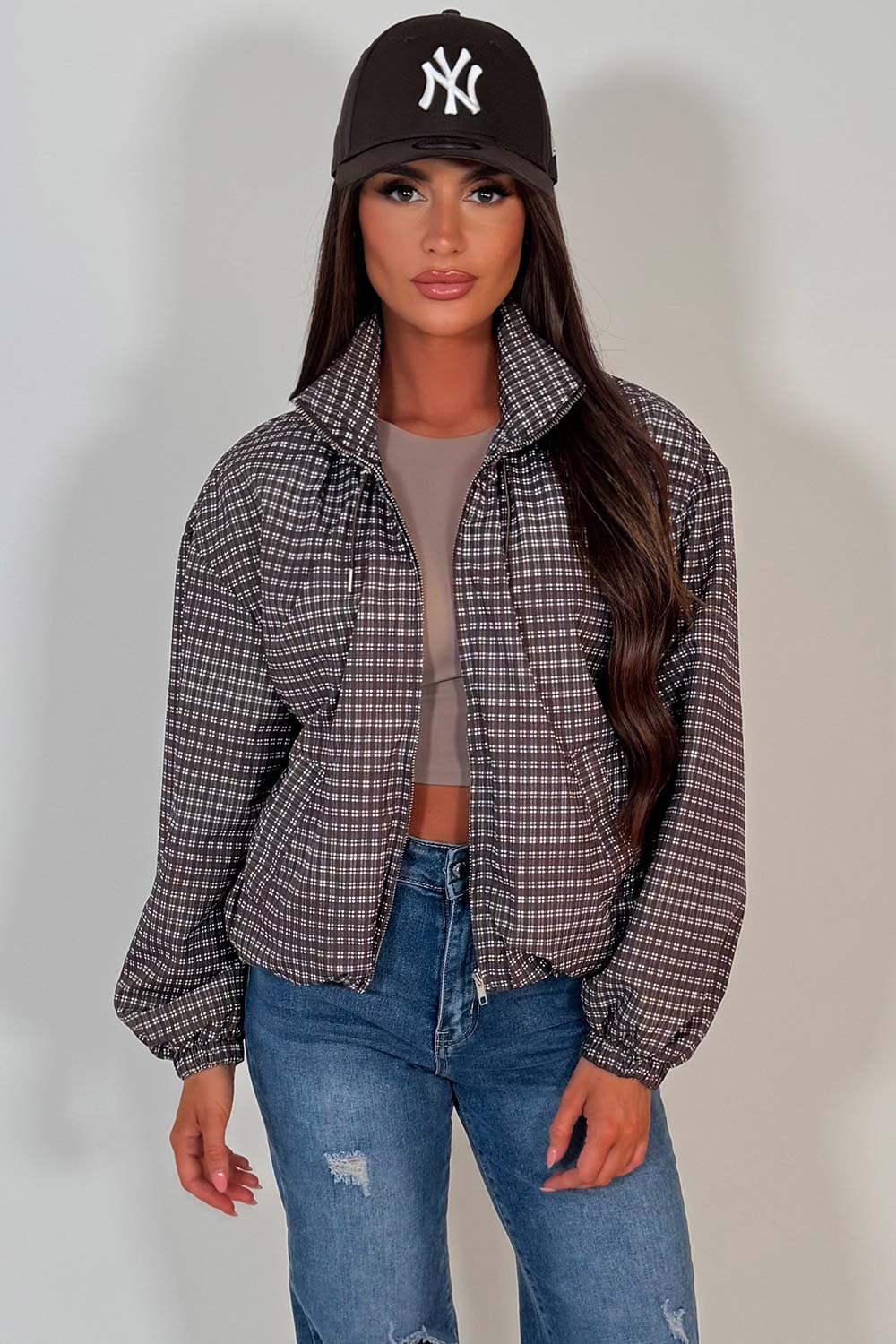 Check Jacket With Funnel Neck