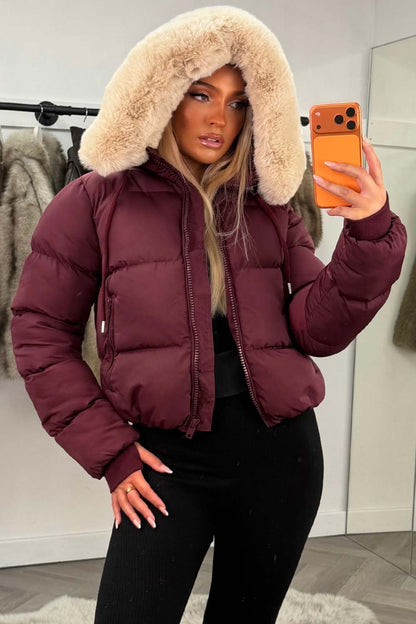 Puffer Jacket With Fur Hood Burgundy