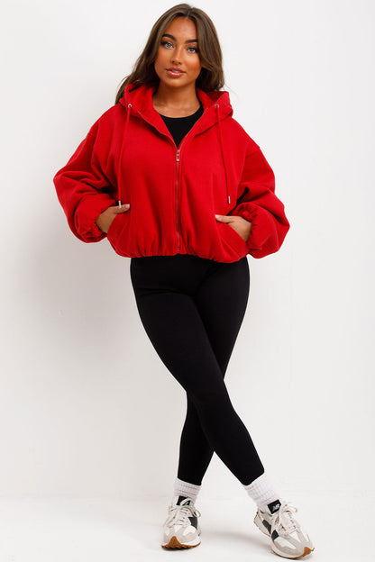Hooded Jacket With Elastic Hem Red